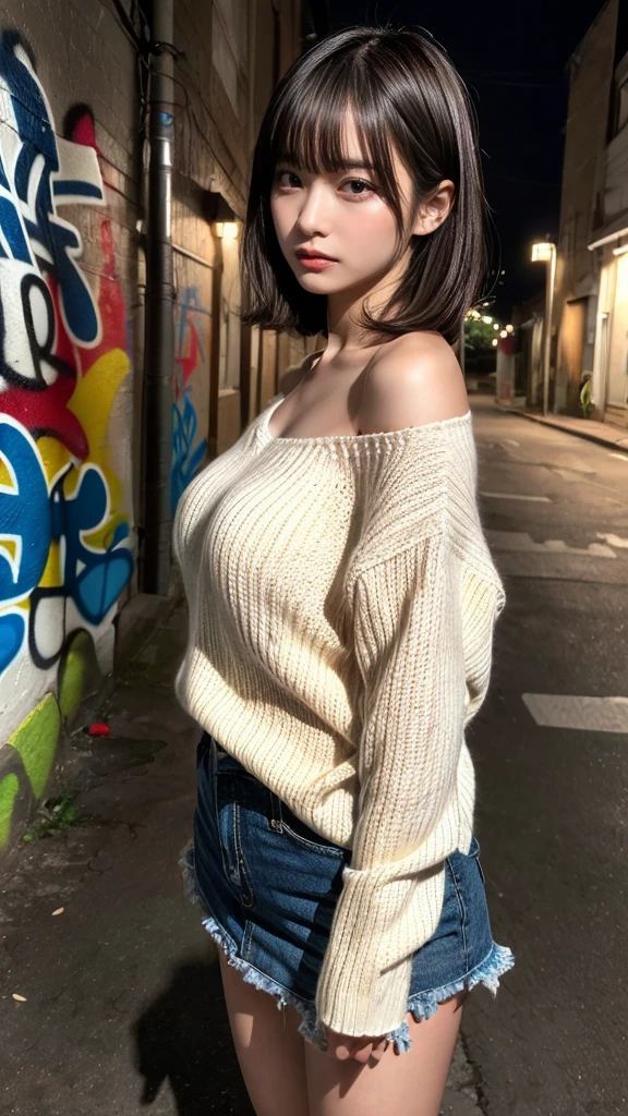 muster piece, best quality, illustration, Super detailed, fine details, High resolution, 8K,wall paper, perfect dynamic composition,(Details High quality, realistic depiction of eyes:1.3), (Japanese teenage girl standing in a dirty back alley at night, graffitied wall:1.1), ((white hand-knitted long sweater, v-neck sweater, oversized clothes)), short bob hair, black hair color, Big Natural Color Lip, seductive face, provocative look, crying a little、cold gaze, Harajuku style、(graffiti), night time, 20 year old girl、cute type、ta, Gravure Idol, full body photo、focus on crotch, (huge breasts)