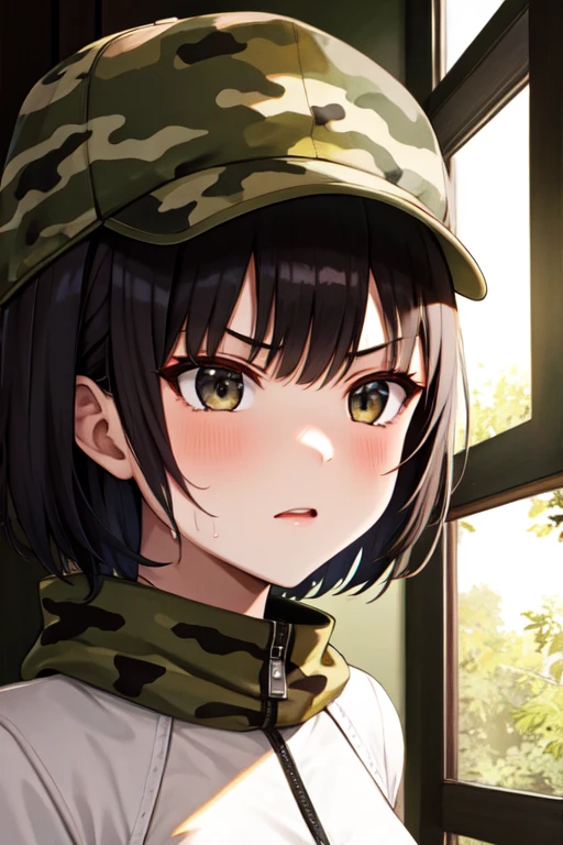 (high resolution、high quality、masterpiece)、1 Girl、survival、jungle、Sweat、Camouflage、Machine gun、Serious face