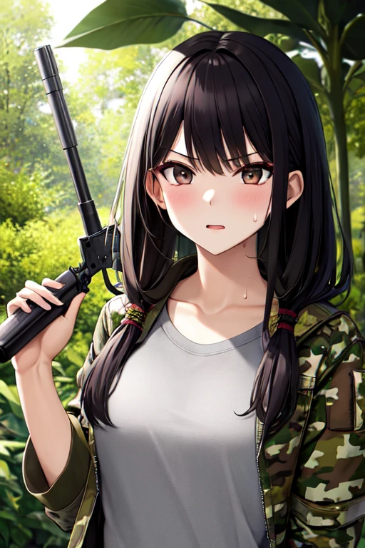 (high resolution、high quality、masterpiece)、1 Girl、survival、jungle、Sweat、Camouflage、Machine gun、Serious face