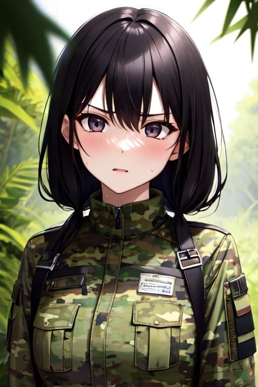 (high resolution、high quality、masterpiece)、1 Girl、survival、jungle、Sweat、Camouflage、Machine gun、Serious face