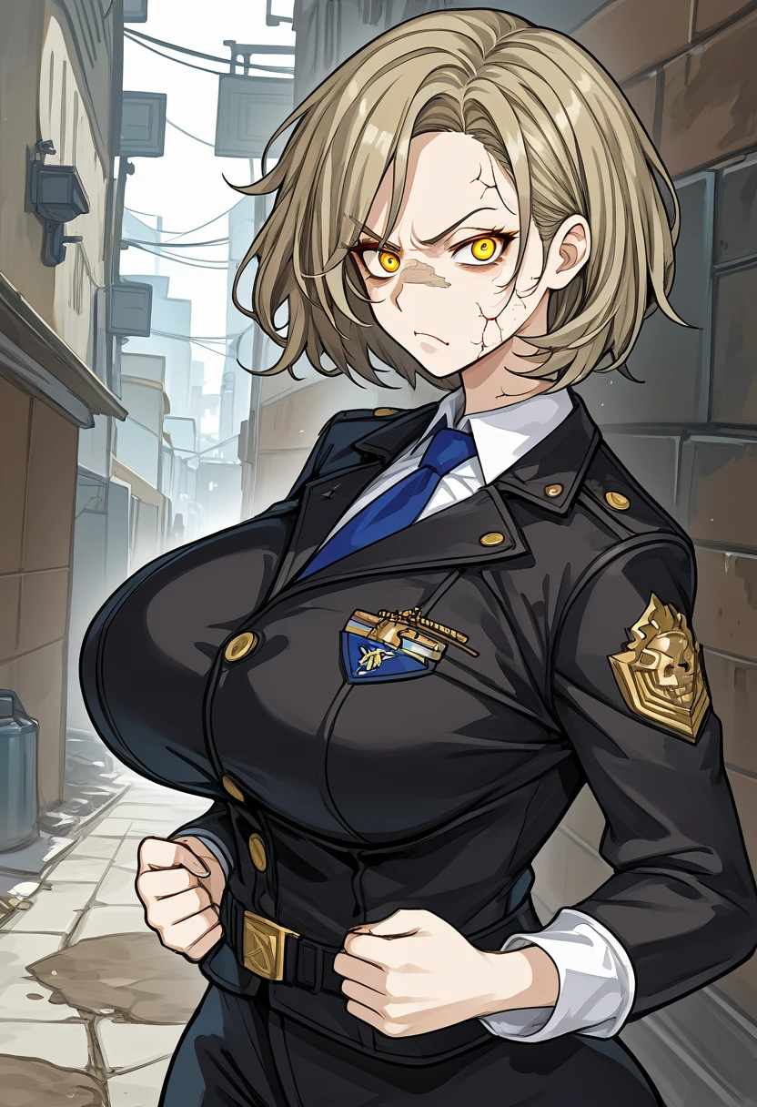 ((high quality)), ((highest quality)), (masterpiece), delinquent girl, tough appearance, sharp eyes, golden eyes, short hairstyle, dirty blonde hair color, (angry face), rough face, big breasts, black leather jacket, white shirt, alley, curvy body, mature face