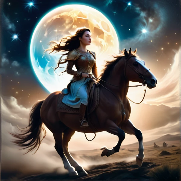 Un prado con la luna creciente, una mujer, cabello lleno de trenzas, guerrera, 3D, magic, ethereal, griega, riding a brown horse 