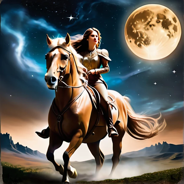 Un prado con la luna creciente, una mujer, cabello lleno de trenzas, guerrera, 3D, magic, ethereal, griega, riding a brown horse 
