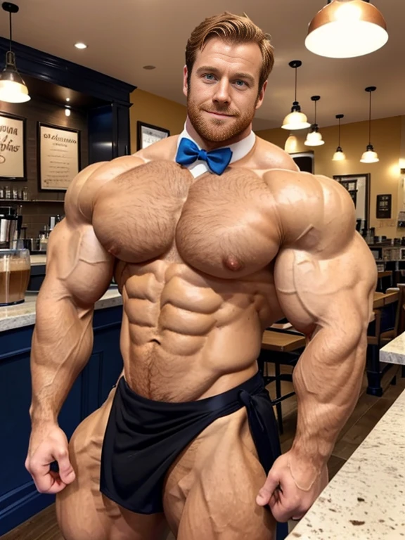 (1boy), (soft smile), tan skin, barista in a french cafe, wearing a bow tie and black jockstrap, daylight, drinking a cup of coffee, (muscular:1.5), ginger, (defined muscles:1.5), (beautiful:1.5), (handsome:1.4), (gorgeous:1.3), ginger, flexed chest, black apron, Armie Hammer with radiant blue eyes