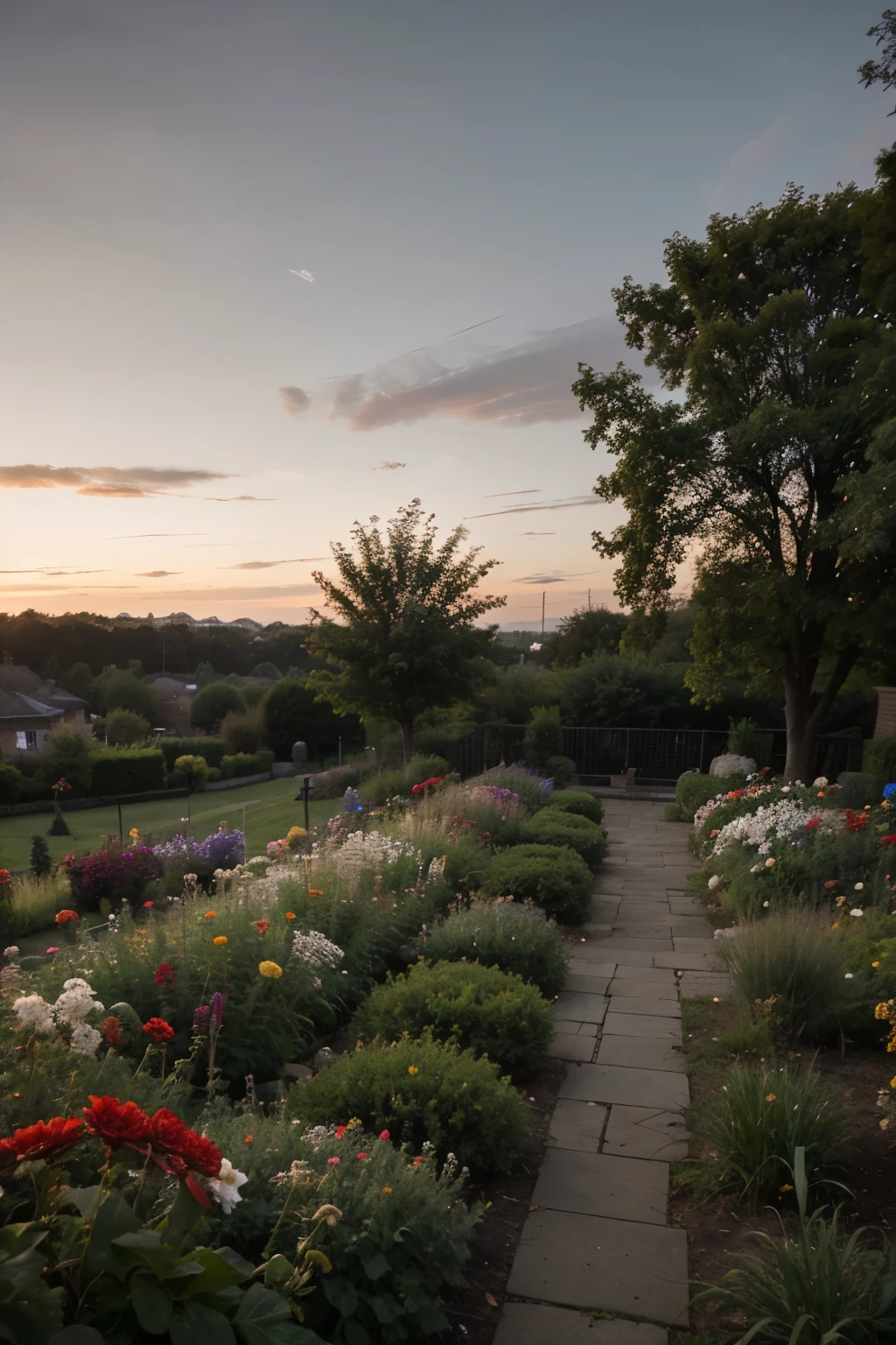 Dark dull room, dusk, garden full of flowers 