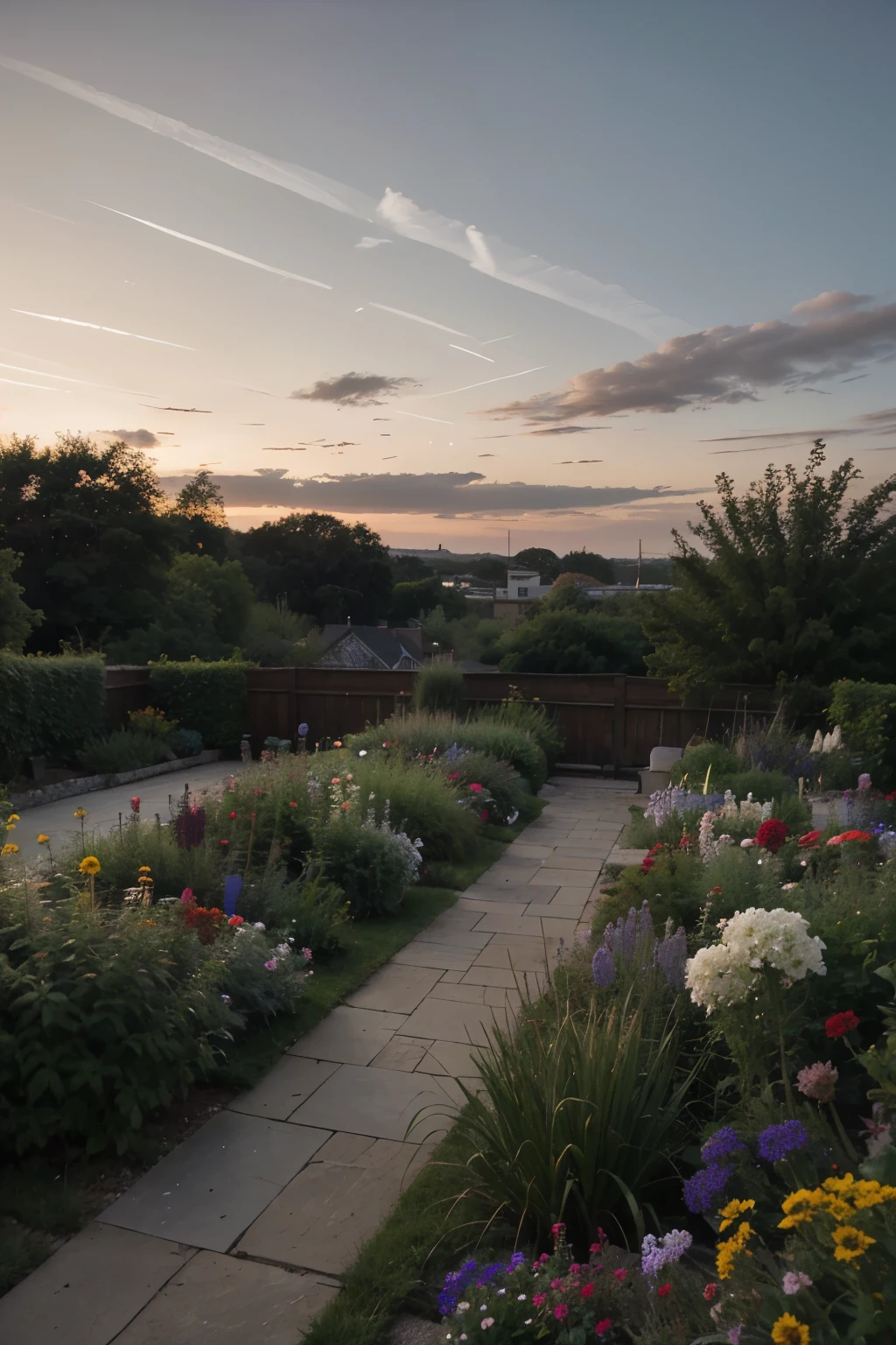 Dark dull room, dusk, garden full of flowers 