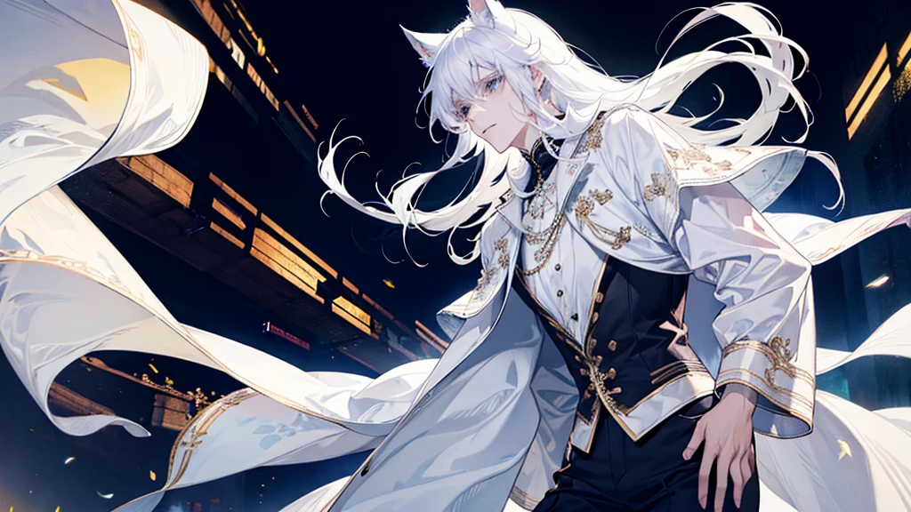male, long white hair, cat ears, handsome, casual clothes