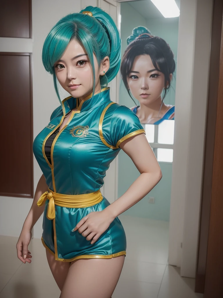 ((一个美丽迷人of年轻女子, (逼真of:1.4), com traje of cosplayer of Bulma, personagem inspirado of dragon ball, Realist actor:1.2)),extremamente oftalhado, melhor qualidaof, of ((Face portrait photo:1.5), (original photo, 8K Ultra HD, qualidaof superior, melhor qualidaof, altamente oftalhado: 1.2),