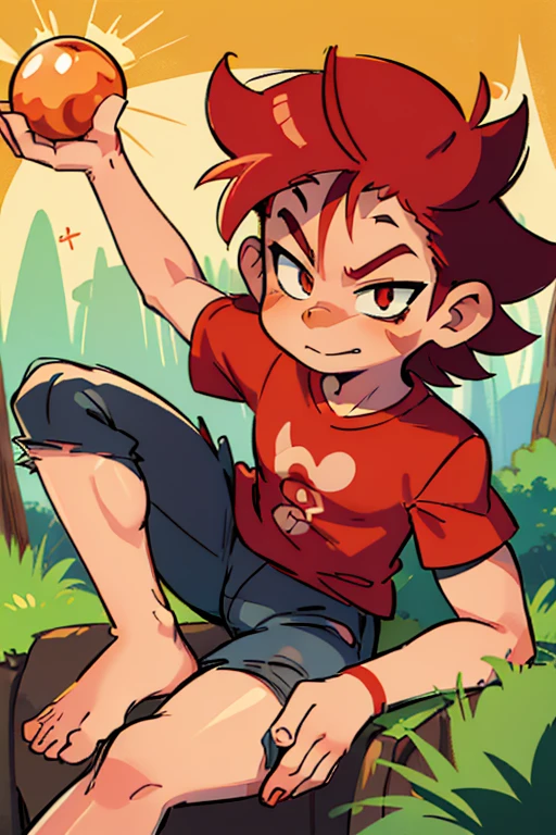 furry, anime, portrait, humanoid hands, male red panda, looking at viewer, forest, cartoony, detailed background, simple red tshirt, black short shorts, big bulge in pants, barefoot