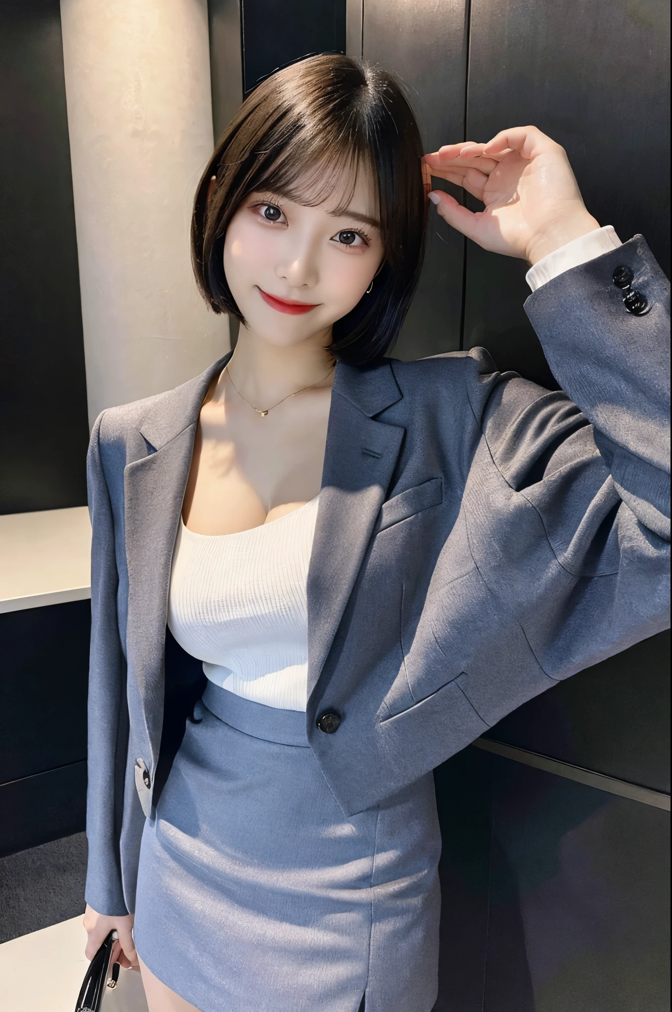 night景、night、Office、Very short hair、Check suit、mini skirt、Cleavage(Very large breasts、Very thin and long legs、Perfect figure、High heels、whole body、smile)、1 female、Double eyelids、No makeup、24-years-old、(masterpiece、8K,RAW Photos、High resolution:1.4)