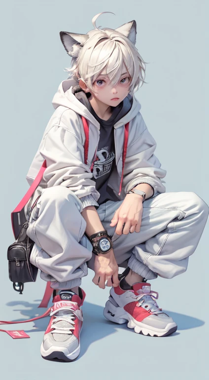 a masterpiece，Bestquality，offical art，8kwallpaper，Extremely Detailed，Illustration，1BOY，Trendy outfits，watch，sneaker shoes，squat down，Hands droop naturally，Hooded jacket，Street side，