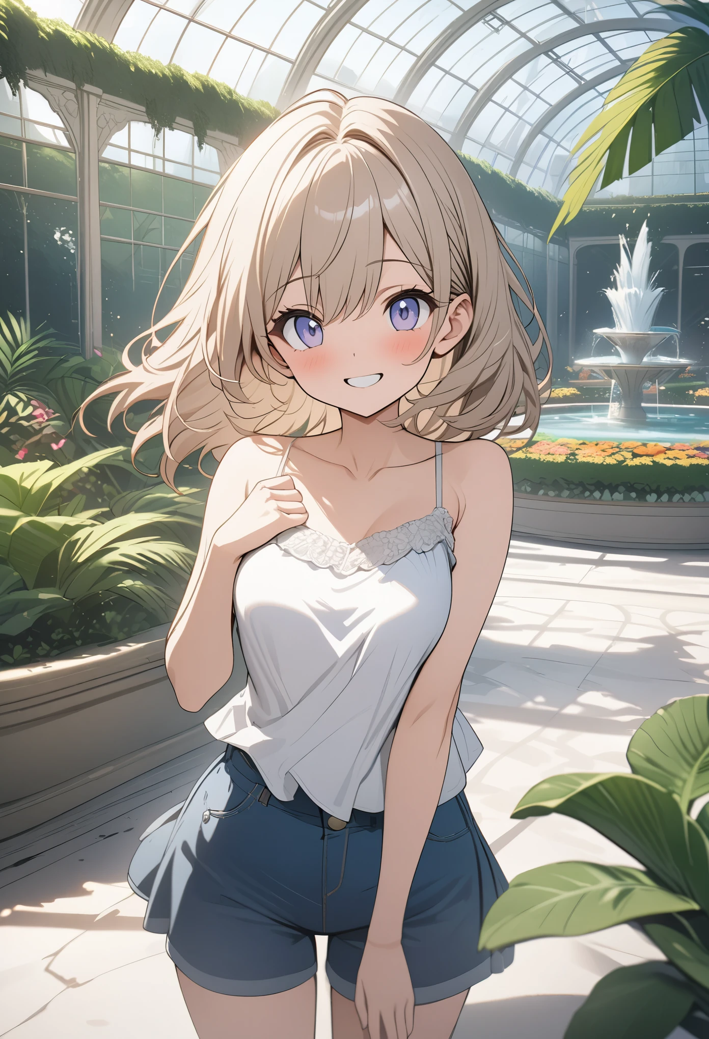 ((Masterpiece)), ((best quality)), (Anime:1.3), palace giant greenhouse, gardens, fountains, tropical plants,
girl, smile,
camisole,
ultra-detailed,