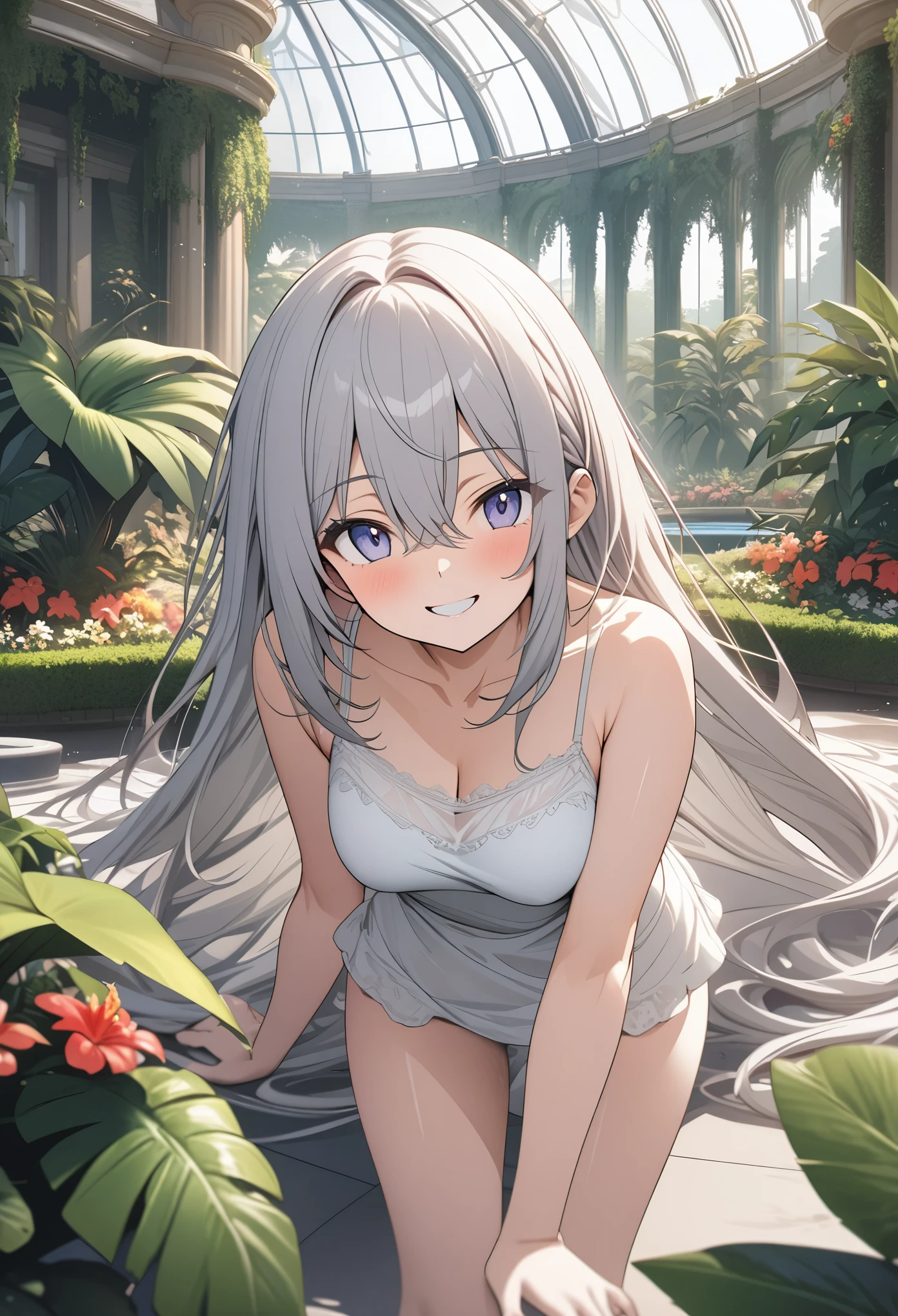 masterpiece, best quality, movie still, 1girl solo, female focus, looking at viewer, smiling, upper body, depth of field, (watercolor illustration, soft pastel colors:1.1), realistic, white hair, white eyes, naked, perky small breasts