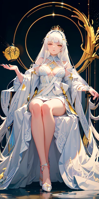 (Masterpiece:1.2), best quality, (illustration:1.2), (ultra-detailed), hyper details, (delicate detailed), (intricate details), (cinematic light, best quality Backlights), clear line, from below, soloist, perfect body, (1girl), white hair and yellow eyes, (emperor, black see-through clothes), (crown: 1.1), sitting on the throne, eyes slightly closed, head down, (shy: 1.2 ), (makeup), high contrast, (best illumination, an extremely create and beautiful), (cinematic light), colorful,