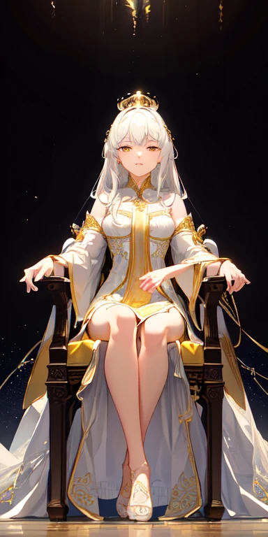 (Masterpiece:1.2), best quality, (illustration:1.2), (ultra-detailed), hyper details, (delicate detailed), (intricate details), (cinematic light, best quality Backlights), clear line, from below, soloist, perfect body, (1girl), white hair and yellow eyes, (emperor, black see-through clothes), (crown: 1.1), sitting on the throne, eyes slightly closed, head down, (shy: 1.2 ), (makeup), high contrast, (best illumination, an extremely create and beautiful), (cinematic light), colorful,