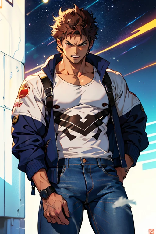 (masterpiece, highest quality, 16ｋAnime image quality, High resolution, Anime Style, Clean brush strokes, Very detailed, Perfect Anatomy), 1 person, alone,((kenshirou)), Detailed face, Fine grain, Black Hair, Brown eyes, bangs, Visible thick eyebrows、Angry face, Open your mouth、take a breath、Cowboy Shot, Large pectoral muscles:1.6, (Jeans jacket＿Break:0.3、Navy blue、old、With metal shoulder guard), (The Big Dipper&#39;s Scar、Vertical、On the chest)、A magnificent cleavage of the pectoral muscles, Great abs: 1.6, Tight waist:1.6, Buttocks:1.5, (Jeans pants＿Break:0.3, Navy blue、old), Wearing old leather shoes、(Are standing、Finding Pose, Martial arts stance、Lift one leg),Looking at the audience,Background of a ruined city、Dilapidated road、Destroyed skyscrapers 、I can see the wilderness, alone, 