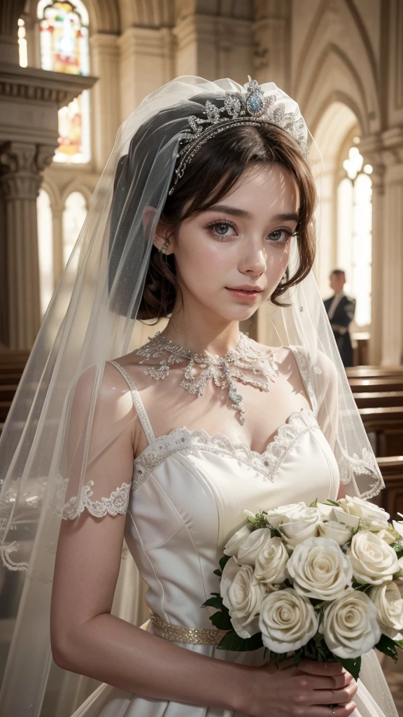 (of the highest quality, 8k, 32K, Obra maestra, HD:1.2), Hermosa novia, similar a Audrey Hepburn, (Precioso vestido de novia detallado y velo.:1.5), (sosteniendo un ramo:1.5), symmetrical face, Mirando al espectador avergonzado., Solo una sonrisa, Stand in the chapel, cinematic lighting 8k wallpaper, of the highest quality,