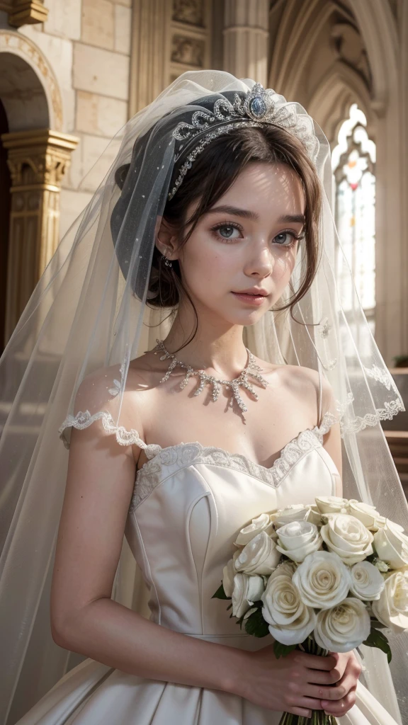 (of the highest quality, 8k, 32K, Obra maestra, HD:1.2), Hermosa novia, similar a Audrey Hepburn, (Precioso vestido de novia detallado y velo.:1.5), (sosteniendo un ramo:1.5), symmetrical face, Mirando al espectador avergonzado., Solo una sonrisa, Stand in the chapel, cinematic lighting 8k wallpaper, of the highest quality,