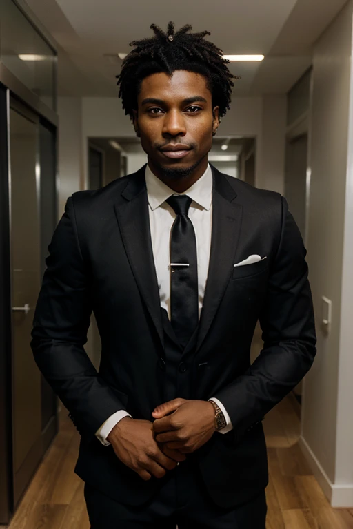 The character is a black man, alto e imponente, with lush black power hair that radiates confidence and style. He is dressed in an elegant suit jacket that matches his confident stance.. His arms are crossed over his chest, demonstrating an attitude of determination and self-confidence. His gaze is firm and sure, conveying a sense of power and leadership. The smile on his face shows a mixture of calm and determination.