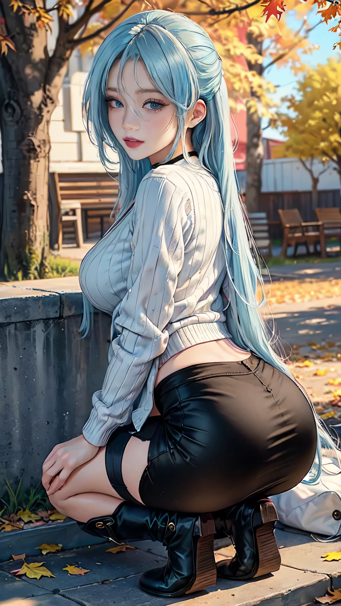 Masterpiece, raw, beautiful art, professional artist, 8k, art style by sciamano240, very detailed face, very detailed hair, 1 woman, perfectly drawn body, beautiful face, long hair, light blue hair , very detailed blue eyes , rosey cheeks, intricate details in eyes, playful smile, looking directly at viewer , in love with viewer expression, black chocker, lipstick, wearing cute fall clothes, jacket, sweater, short pencil skirt, thigh boots, crouched down, sunny day fall setting, focus on feet, rear view