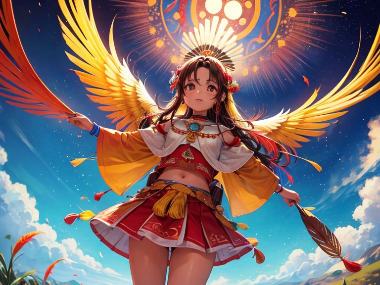 Un Inka joven y hermoso, con una Mascaipaicha roja, with three lacon feathers in it, mirando hacia una flor brillante y hermosa, de color amarillo dorado