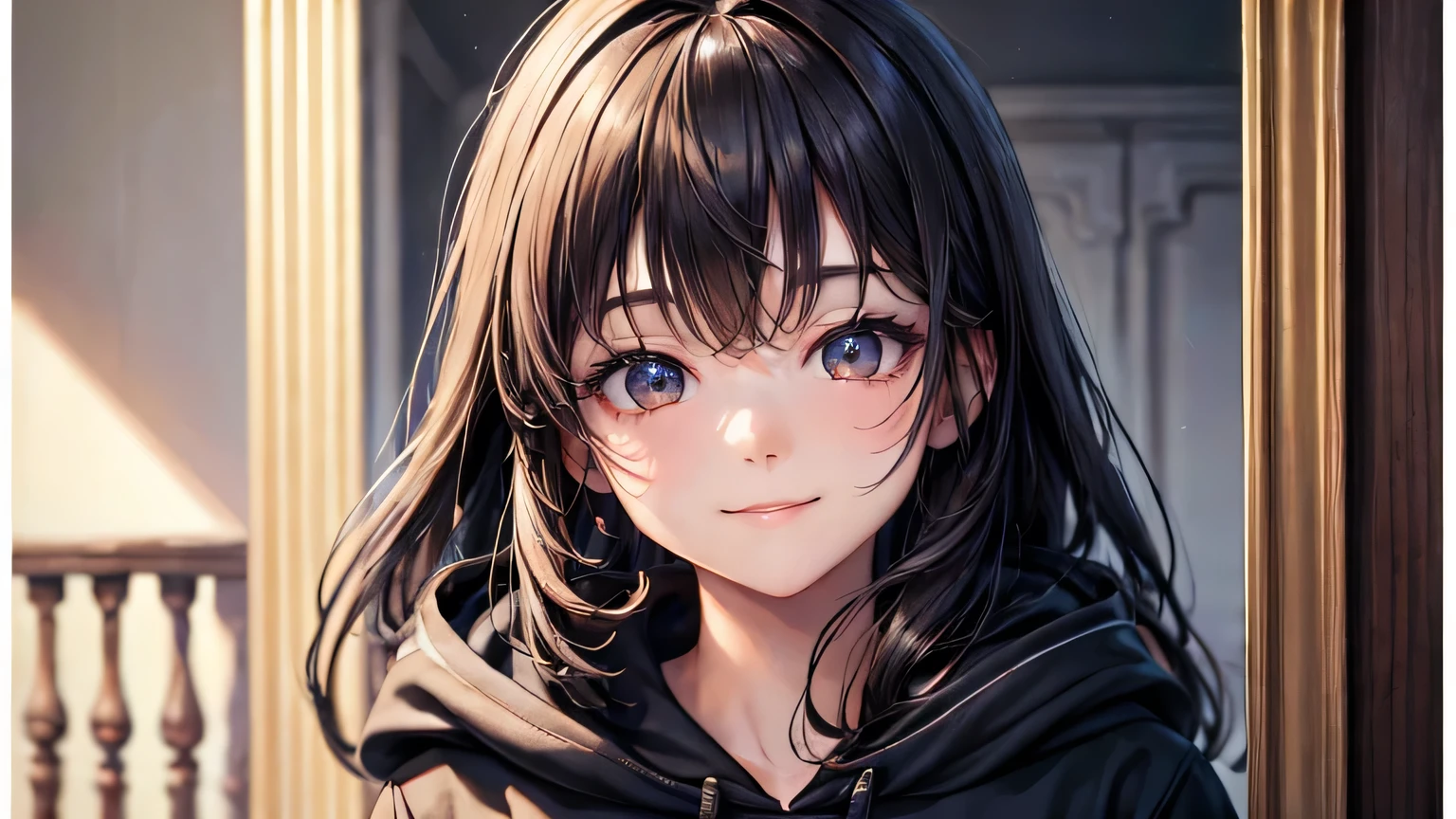 (oil, masterpiece, highest quality, Super detailed, Focus on the characters), girl、Smiling Kindly、Detailed facial expression depiction，Detailed hair depiction,([return:0.8]|[ face facing returnwards:1.1]), 
Large hoodie,([Room Scenario:1.2]|[ ground:1.3]| [High Contrast:1.1])  