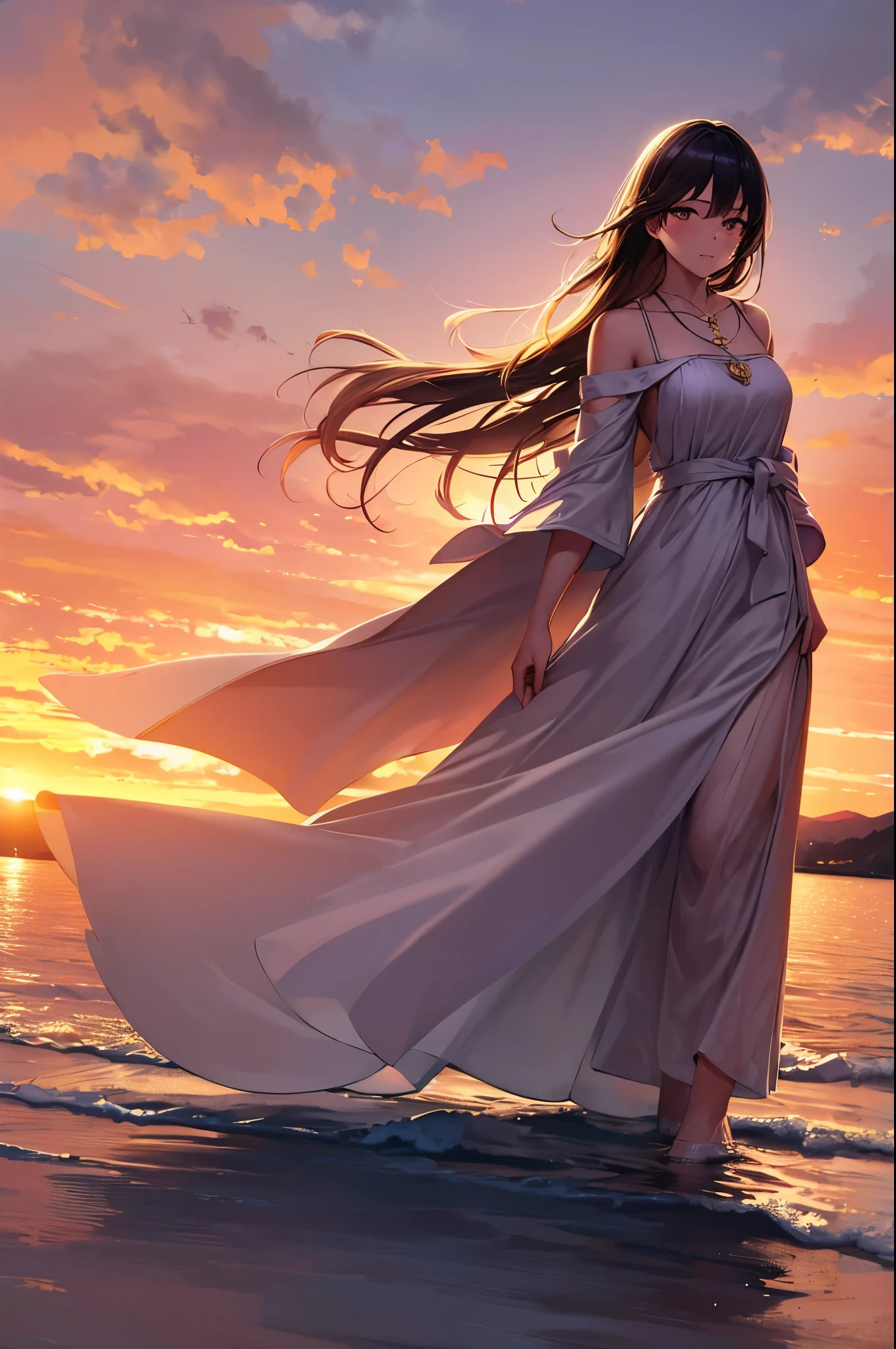 1 girl, Calm expression, Captivating eyes, Straight Long Hair, loose fitting dress, Calm posture, Porcelain-like skin, A faint blush, Crystal Pendant BREAK Golden Hour, (Rim Light):1.2, Warm tones, Solar flare, Soft Shadows, Vibrant colors, Painterly effect, Dream-like atmosphere BREAK Beautiful lake, Distant Mountain々, Willow Tree, Calm water, reflection, Sunlit clouds, Peaceful atmosphere, Beautiful sunset, Super detailed, Official Art, unity 8k wallpaper , Tangled, Mandala