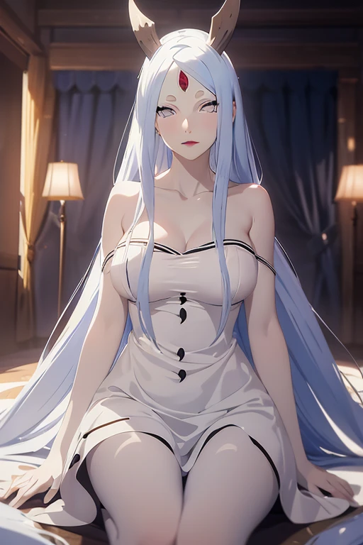 light effect, soft, super clear, high-definition picture, (front), masterpiece, cinematic lighting, Kaguya Otsusuki, white colorless eyes, no pupils, 1girl, solo, looking at viewer, smile, large breast, open shoulder, wedding dress