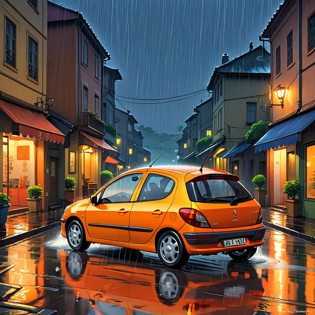 orange car driving down a rain soaked street in the rain, ghibli vibe, rainy evening, cartoon moody scene, after the rain, rainy scene, Peugeot 206, at evening during rain, rainy mood, just after rain, driving rain, digital cartoon painting art, in a rainy environment, in the rain in the early evening, raining, rainy afternoon, ghibli art style, niji anime art, perfect maximalistic composition,hyper-maximalist setting, high contrast and saturation, sharp focus,hdr, 32k
