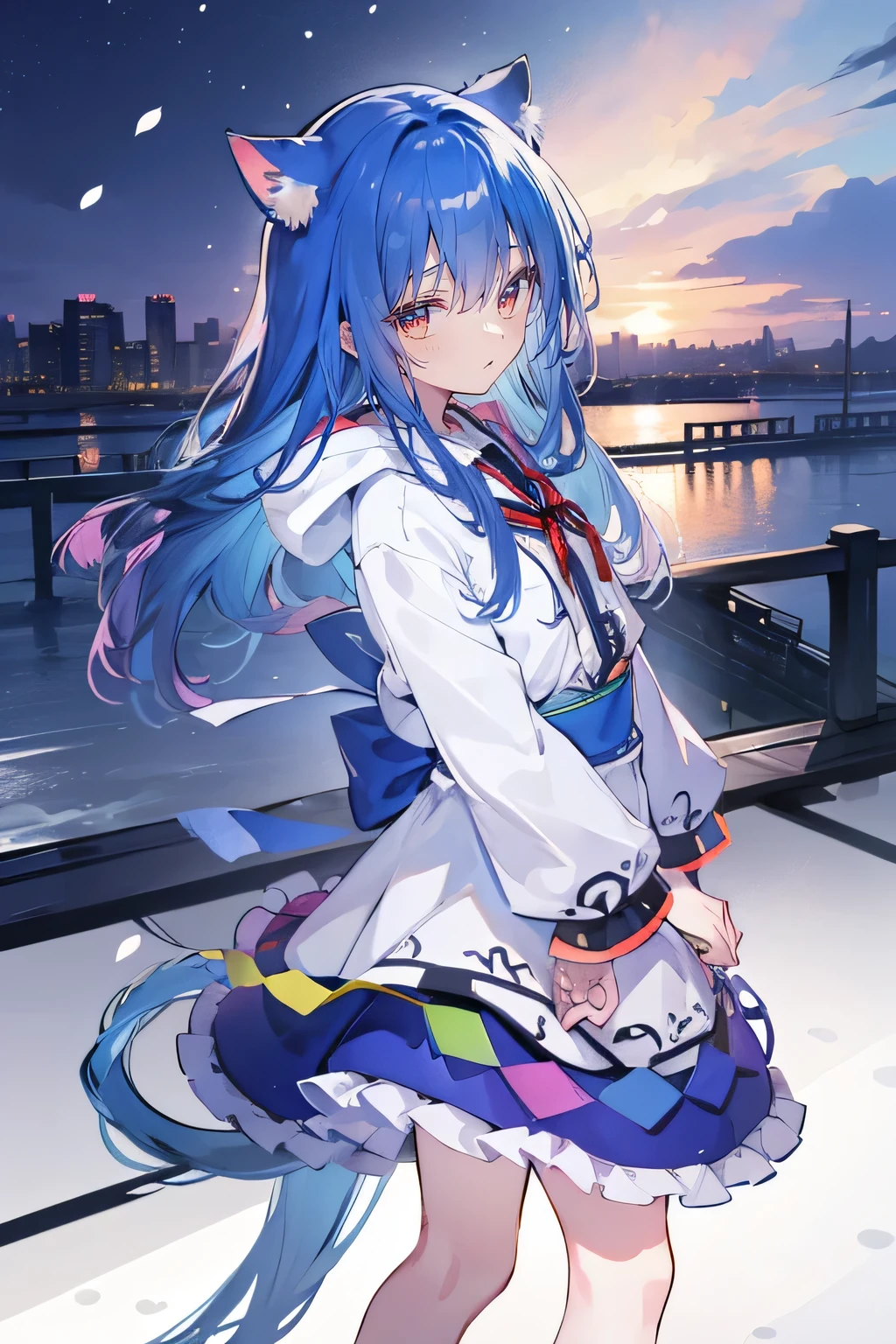 （masterpiece：1.2），Super detailed，lifelike，Expressive eyes，fair skin，perfect face shape，1 girl，
Japanese comics,Gorgeous blue hair,flowing blue hair,flowing clothes,Cat ears,Petals fall,beautiful lola,Baby Angel,
Shaking head with one hand，Cross your legs，Gentle and peaceful background，The pavilion is cool and comfortable,smile, wearing hoodie, background of tokyo,back views,snowing, winter.