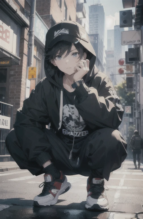 a masterpiece，Bestquality，offical art，8kwallpaper，Extremely Detailed，Illustration，1BOY，Trendy outfits，watch，sneaker shoes，squat down，Hands droop naturally，Hooded jacket，Street side，