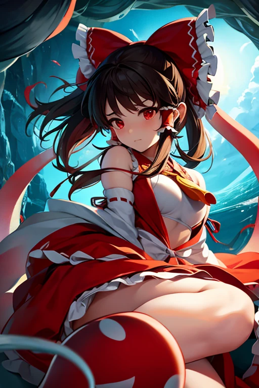 Reimu is tied up by tentacles and looks like she is in pain.