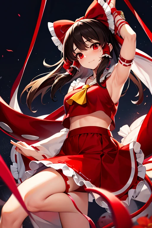 Reimu Hakurei, miko, wearing miko costume, black hair in twin-tails, thin limbs, thin body, beautiful eyes, dark make-up, sunny shrine.