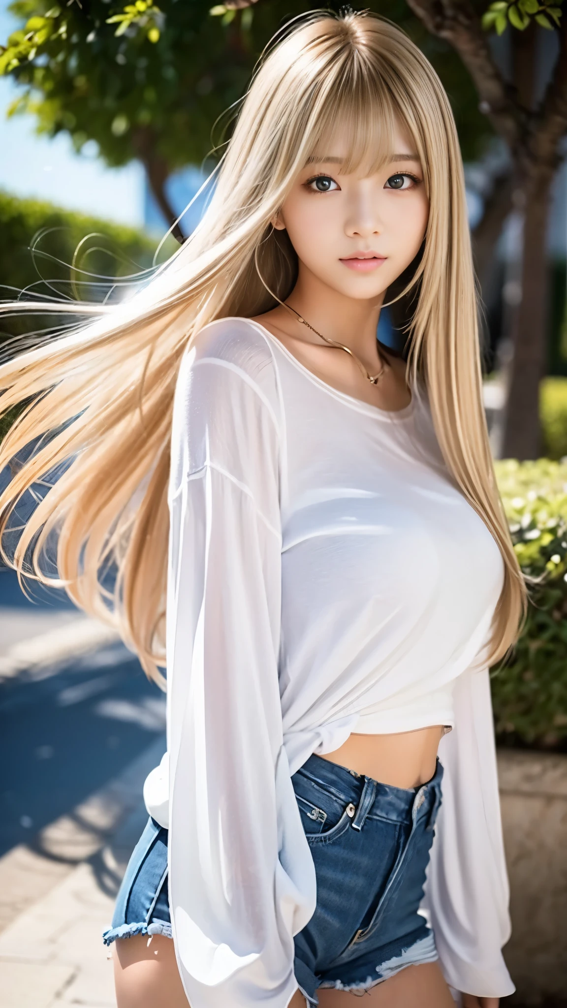 Sexy Big 、Sexy cute looks and cute 15 year old beautiful girl, beautiful and sexy face、A strong wind blows my hair in front of my face、length, Metallic blonde straight hair、beautiful, Cute and sexy eyes hidden behind long bangs。