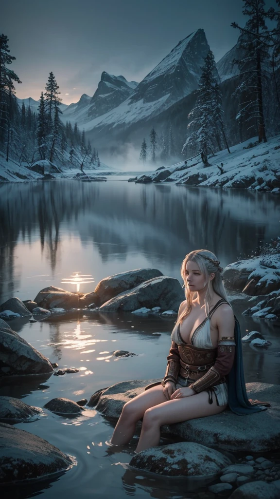 Imagine a Viking woman luxuriating in a hot spring, surrounded by the misty serenity of a secluded Nordic landscape. Clad in traditional attire, her weathered features reflect both strength and serenity as she immerses herself in the soothing waters. The steam rising from the hot spring intertwines with the cool Nordic air, creating an ethereal atmosphere illuminated by the soft glow of twilight. This tranquil scene captures the timeless connection between the Vikings and the natural world, showcasing a moment of quiet contemplation and rejuvenation amidst the rugged beauty of the Nordic wilderness.