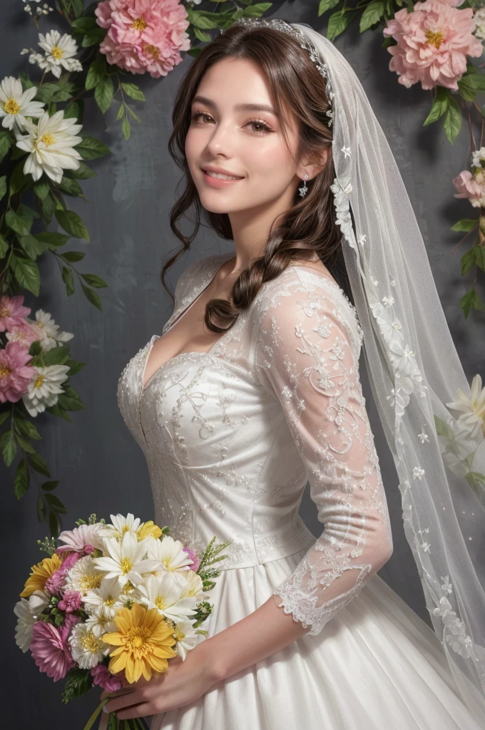 Hermosa novia con velo, maquillaje brillante, leve sonrisa, cabello rubio y grueso, trenzas recortadas, against the backdrop of wonderful flowers