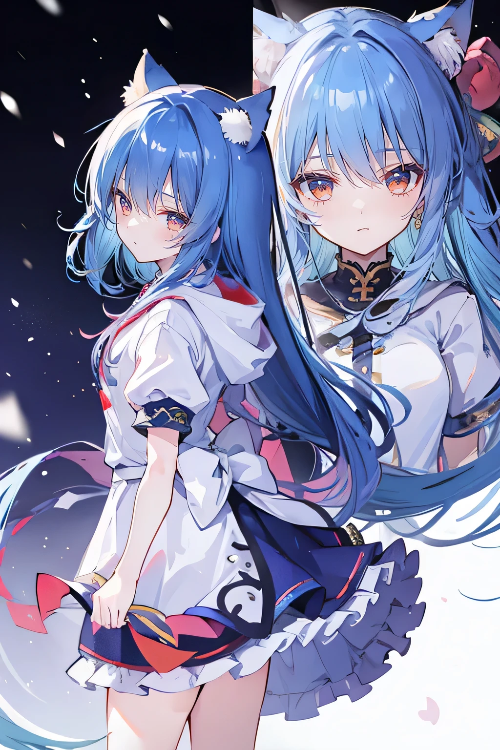 (masterpiece:1.2),Super detailed,lifelike,Expressive eyes,fair skin,perfect face shape,1 girl,
Japanese comics,Gorgeous blue hair,flowing blue hair,flowing clothes,Cat ears,Petals fall,beautiful lola,Baby Angel,
Shaking head with one hand,Cross your legs,Gentle and peaceful background,The pavilion is cool and comfortable,smile, wearing hoodie, background of tokyo,back views,snowing, winter.