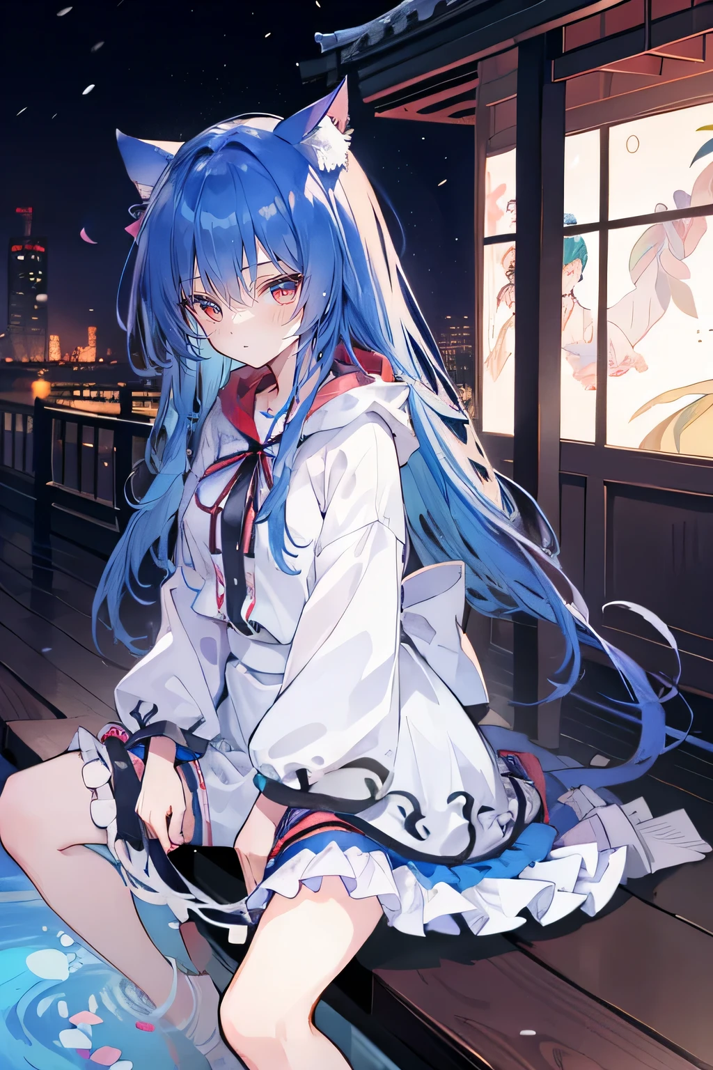 (masterpiece:1.2),Super detailed,lifelike,Expressive eyes,fair skin,perfect face shape,1 girl,
Japanese comics,Gorgeous blue hair,flowing blue hair,flowing clothes,Cat ears,Petals fall,beautiful lola,Baby Angel,
Shaking head with one hand,Cross your legs,Gentle and peaceful background,The pavilion is cool and comfortable,smile, wearing hoodie, background of tokyo,back views,snowing, winter.