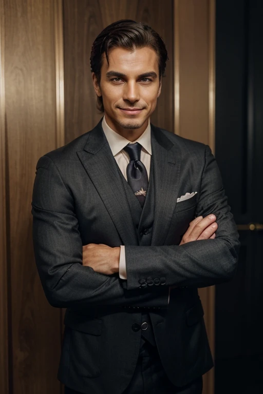 The Character is a Man, alto e imponente. He is dressed in an elegant suit jacket that matches his confident stance.. His arms are crossed over his chest, demonstrating an attitude of determination and self-confidence. His gaze is firm and sure, conveying a sense of power and leadership. The smile on his face shows a mixture of calm and determination.