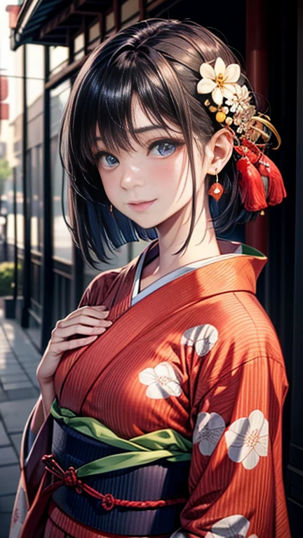 ((highest quality)), ((masterpiece)), (Very detailed), (Very high resolution), ((Realistic)), 8k, Perfect Line Drawing, Beautiful line art,
Anime 2D Rendering, (The best CG), Ultra-detailed art, 
One Girl:1.5, 

Symmetrical facial features:1.4, Perfect Face, Beautiful clavicle, Beautiful fingers, Beautiful breasts, (Slightly smaller chest), 
Beautiful body, Beautiful thighs, Beautiful feet, Perfect round butt, (Detailed skin), (Shiny skin:1.2, Beautiful white skin:1.4), 
BREAK Baby Face, cute, 18-year-old, 
Double eyelids, Natural eyebrows, 
(Expression of fine eyes, Beautiful and delicate eyes, twinkle in the eyes, blue eyes), 
Glossy mouth, 

Beautiful Hair, Shiny Hair, Hair fluttering, (Black Hair, Pretty short hair:1.4), 
BREAK 

(kimono:1.2、Red Yukata、White checkered yukata:1.4)、Earrings、
BREAK 

(Enchanting、Embarrassed expression、Laughing expression), Turn your face and body towards me