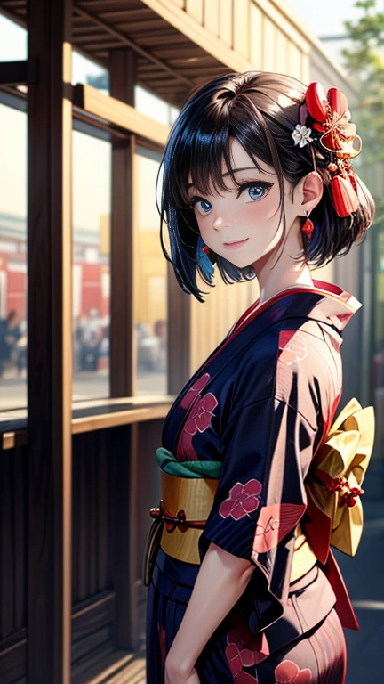((highest quality)), ((masterpiece)), (Very detailed), (Very high resolution), ((Realistic)), 8k, Perfect Line Drawing, Beautiful line art,
Anime 2D Rendering, (The best CG), Ultra-detailed art,
One Girl:1.5,
Symmetrical facial features:1.4, Perfect Face, Beautiful clavicle, Beautiful fingers, Beautiful breasts, (Slightly smaller chest),
Beautiful body, Beautiful thighs, Beautiful feet, Perfect round butt, (Detailed skin), (Shiny skin:1.2, Beautiful white skin:1.4),
BREAK Baby Face, cute, 18-year-old,
Double eyelids, Natural eyebrows,
(Expression of fine eyes, Beautiful and delicate eyes, twinkle in the eyes, blue eyes),
Glossy mouth,
Beautiful Hair, Shiny Hair, Hair fluttering, (Black Hair, Pretty short hair:1.4),
BREAK
(kimono:1.2、Red Yukata、White checkered yukata:1.4)、Earrings、
BREAK
(Enchanting、Embarrassed expression、Laughing expression), Turn your face and body towards me