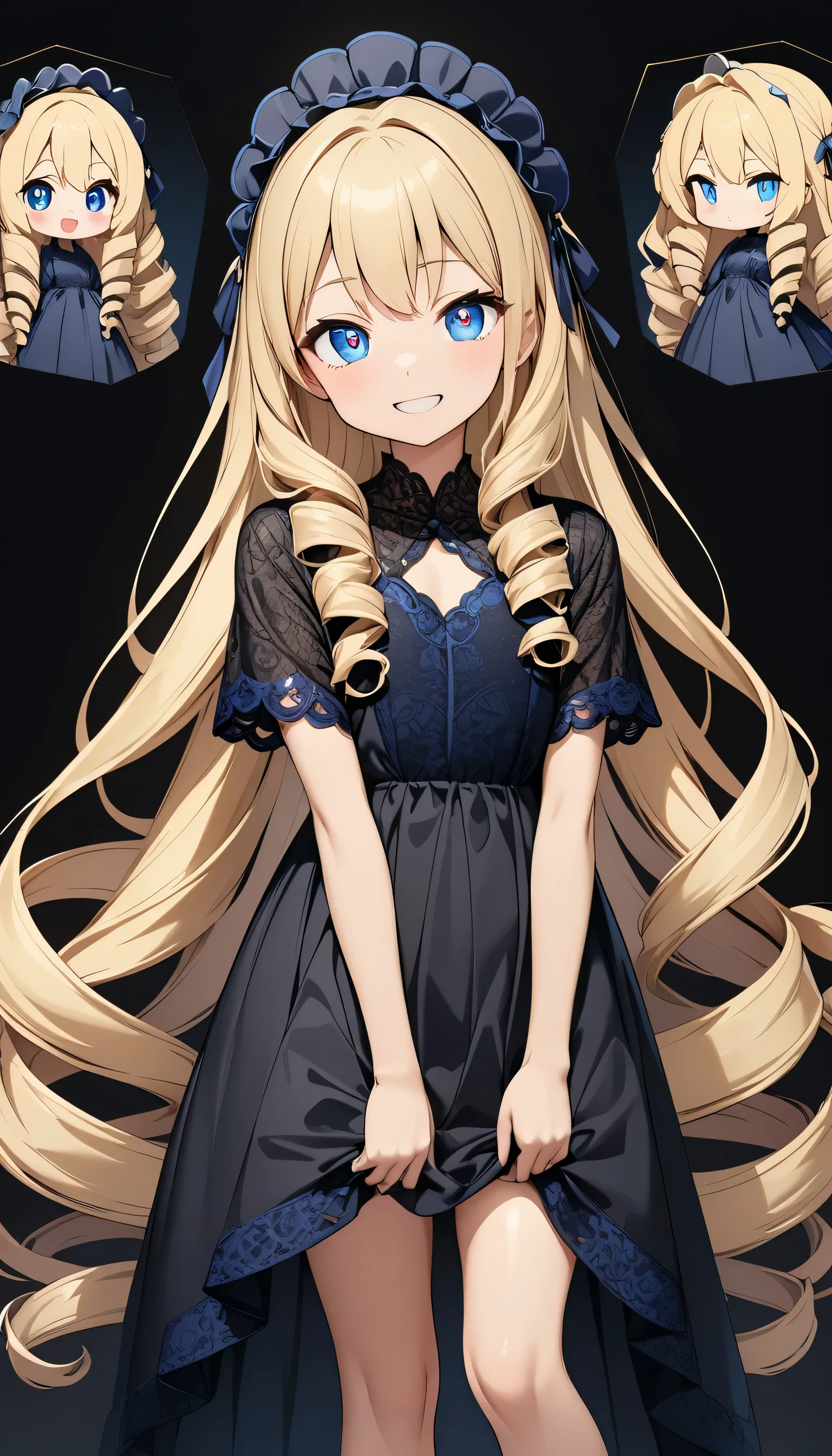 masterpiece, best quality, extremely detailed, high resolution, Japanese anime,1girl, blonde hair, (long length hair:1.4), side braid hair, curly hair, wavy hair, drill hair, curl outward hair, (blue eyes:1.5), (beautiful detailed eyes:1.4), laugh, 12 -year-old , 145cm tall, original character, fantasy, (black background:1.2), full body, beautiful fingers, standing, (black lace dress:1.5), (headdress:1.2) , shoot from front, looking at viewer &lt;lora:hairdetailer:1&gt; &lt;lora:eyecolle_rindou_v100:1&gt;,,,,