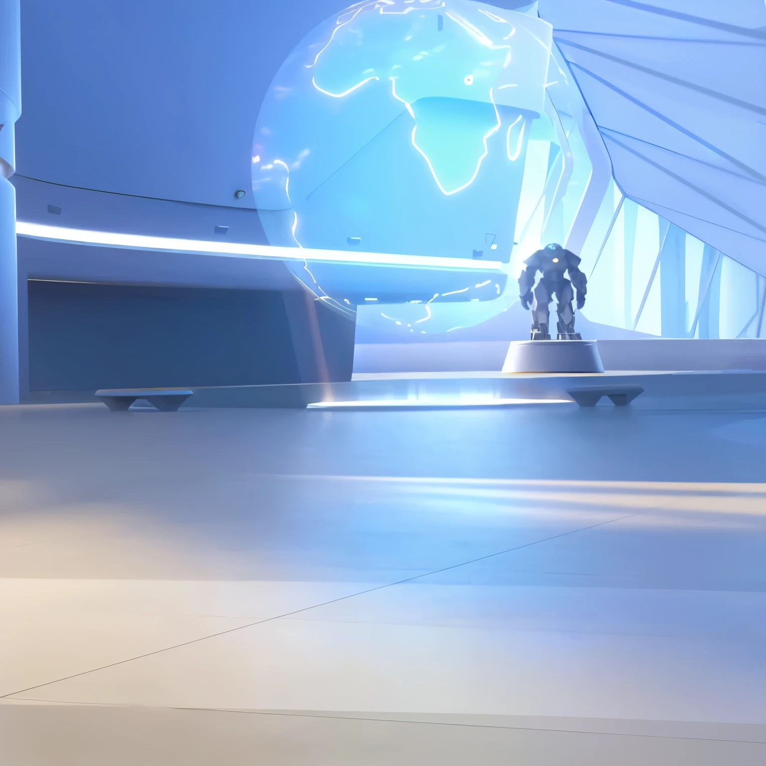 there is a robot that is standing on display, screenshot from overwatch, from overwatch, overwatch building, , in a futuristic arena, mecha floor, echo from overwatch, overwatch, video game screenshot>, overwatch game, arena background, rendered in nvidia's omniverse, 2020 video game screenshot, ray tracing on, A futuristic, spacious hall with a light floor, holographic earth hovering in the background and a staue of a robot even further in the background. The hall is lit with soft, natural light coming through big windows visible in the background.