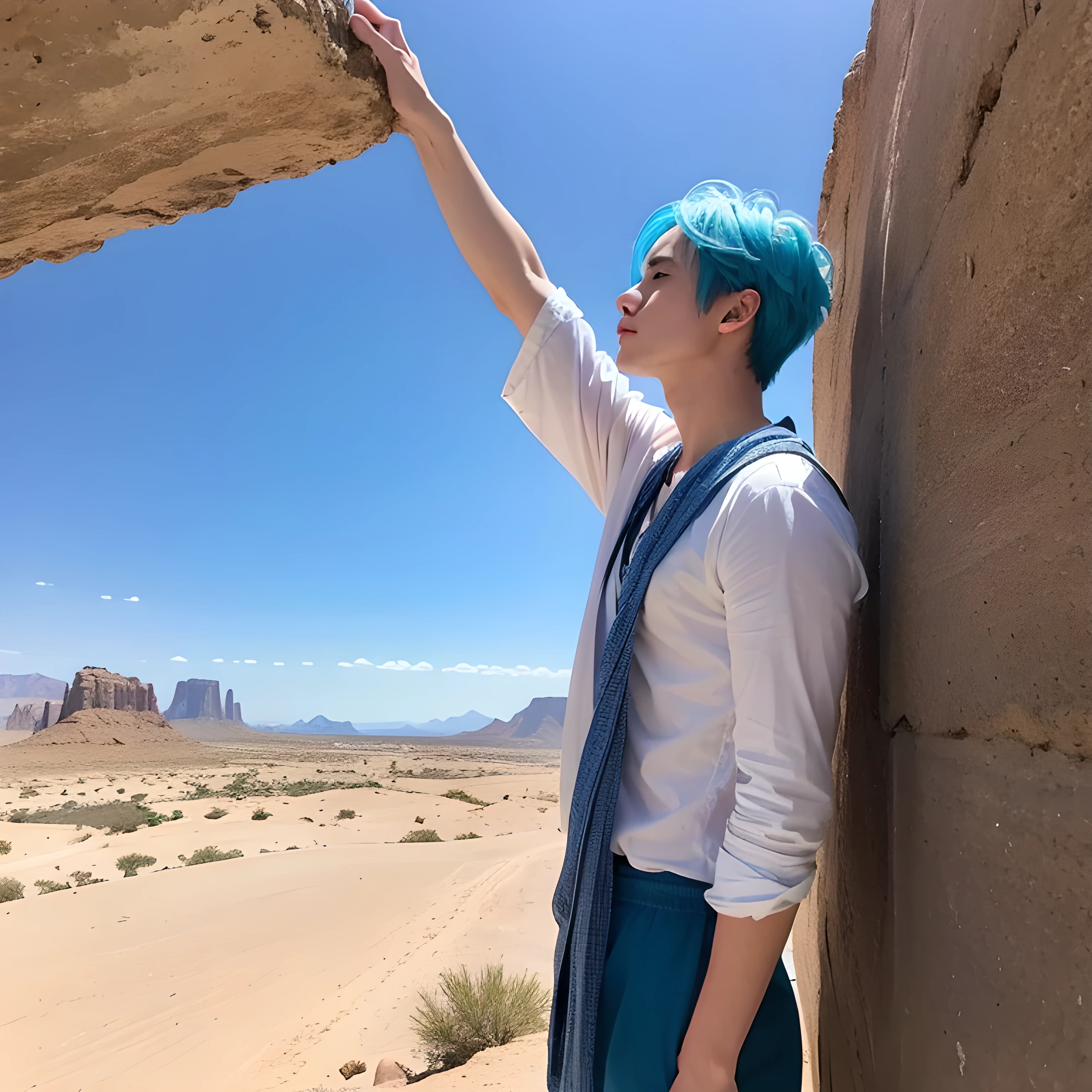 Beautifully drawn, high quality, ultra-detailed CG illustration of a young man with a serene expression, gazing into the distance with his striking light blue hair gently waving in the desert breeze. The scenery behind him is vast and breathtaking, drawing the viewers into a world of wonder and exploration.