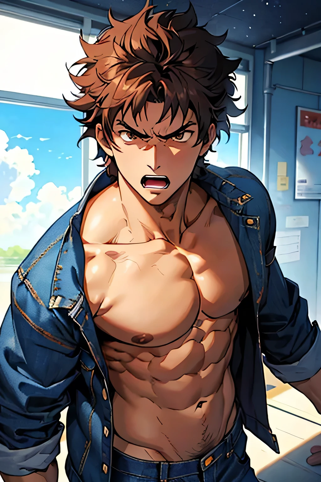 (masterpiece, highest quality, 16kAnime image quality, High resolution, Anime Style, Clean brush strokes, Very detailed, Perfect Anatomy), 1 person, alone,((kenshirou)), Detailed face, Fine grain, Black Hair, Brown eyes, bangs, Visible thick eyebrows、Angry face, Open your mouth、take a breath、Cowboy Shot, Large pectoral muscles:1.6, (Jeans jacket_Break:0.3、Navy blue、old、With metal shoulder guard), (The Big Dipper's Scar、Vertical、On the chest)、A magnificent of the pectoral muscles, Great abs: 1.6, Tight waist:1.6, Buttockseans pants_Break:0.3, Navy blue、old), Wearing old leather shoes、(Are standing、Finding Pose, Martial arts stance、Lift one leg),Looking at the audience,Background of a ruined city、Dilapidated road、Destroyed skyscrapers 、I can see the wilderness, alone,