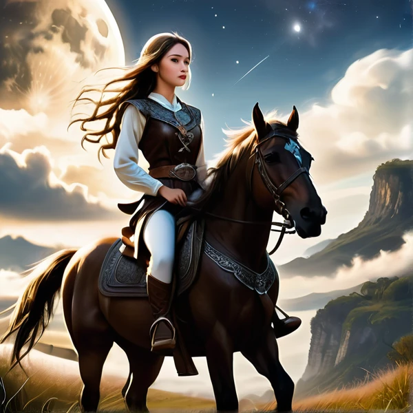 Un prado con la luna creciente, una mujer, hermosa, ojos grises,cabello blanco lleno de trenzas, guerrera, 3D, magic, ethereal, vestida con falda de cuero, botas negras, blusa blanca, arco y escudo, mujer vikinga, riding a brown horse
