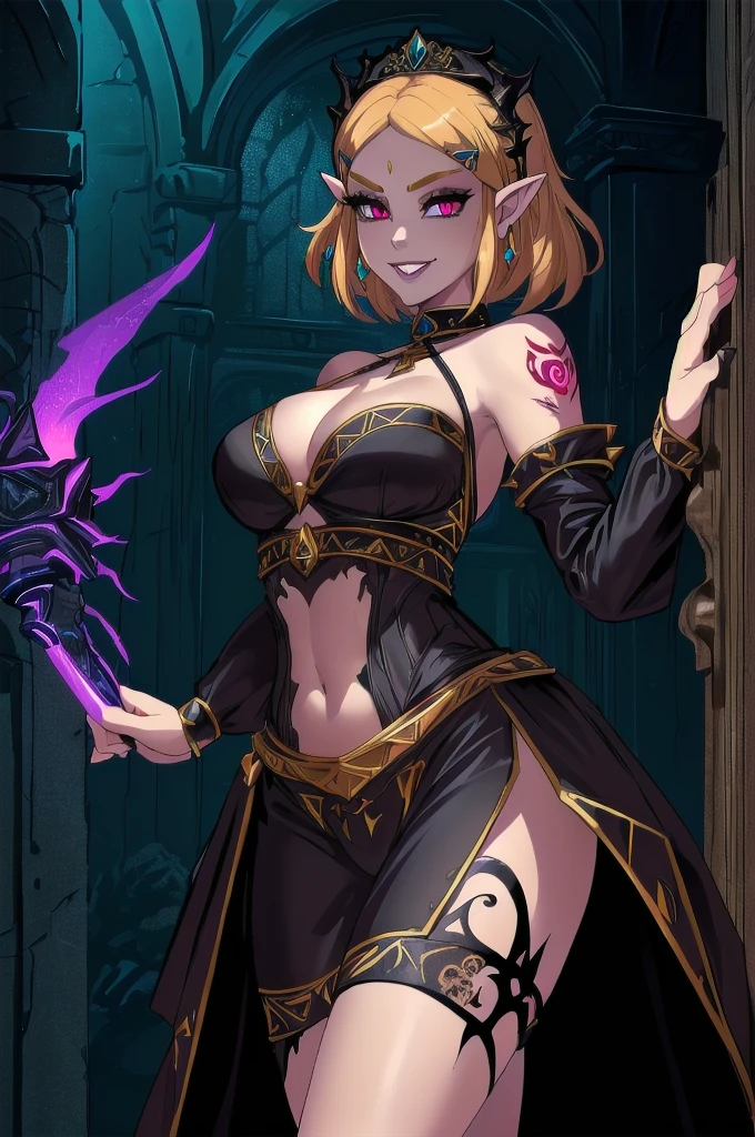 (zelda totk reimagined as a corrupted dark queen by ganon  )+++, sfw++,masterpiece, best quality, high quality, illustration, film grain,(perfect female )++, beautiful detailed eyes,  (symbol of evil:1.2),milf zelda, lascivious woman, (evil smile:1.1), (villain, dark heroine:1.2), (perfect female proportions:1.1), (seductive eyes:1.2), eyeliner, mascara, sexy makeup, (seductive smile:1.2), (mature woman:1.4),masterpiece, best quality, high quality, illustration, film grain, 1girl, (glowing evil red eyes), evil grin, crazy eyes, (high resolution, masterpiece, ultra best quality, insanely amazing hyper fine extremely detailed, official:1.4) dark heroine anime girl with short hair in a dark and evil place, extremely detailed artgerm, (official:1.4), dynamic composition, (solo girl:1.4), {sfw}, masterpiece, ultra-detailed, iconic attack, dominatrix, spiked collar, dark kingdom, bad end, 1girl, solo female, solo focus, mature female, standing, full body, looking at viewer, dark zelda totk, dark queen, evil, corruption, contrapposto, mind break, blond hair, (short hair:1,5), evil smile, lips, eyelashes, evil grin, dark aura, thigh_clothes, ,alternate costume, bdsm, (intricate details:1.12), (intricate details, hyperdetailed:1.15), hdr, dungeon, (at night:1.2), fireplace, warm light, dramatic light, cinematic,creepy dungeon, dark aesthetic, goth aesthetic, creepy, ominous background, dark atmosphere, death atmosphere, green and red atmosphere, evil dungeon background, gothique, faint darkness, ((red glow crotch tattoo)), 