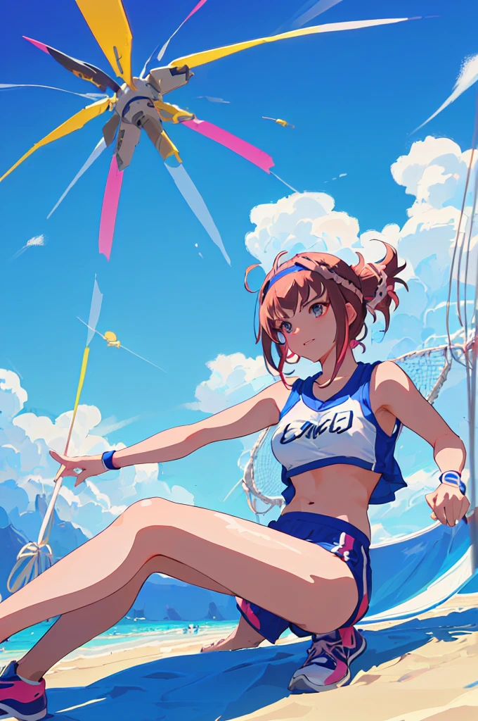 imagined a girl in extreme sport outfit playing to a flying disc game in a beach arena game sport, masterpiece, ultra-detailed, 80's anime (style), 2D, megapixel, perfectionism, full HD , 4K, (windjammers), windjammers sport game, windjammers 2 (((((solo mature anime woman,)))))++++++++++++++++++, looking at viewer, full body, brown hair and pink hair, short hair, weird hair, smile, lips, eyelashes, medium breasts, gym uniform, uniform, gym shorts, headband, sports bra, elbow pad, knee pad, extreme sports outfit 80's theme, beach background, playing flying disc game on a beach court game, sea, sun in the sky, sports wear