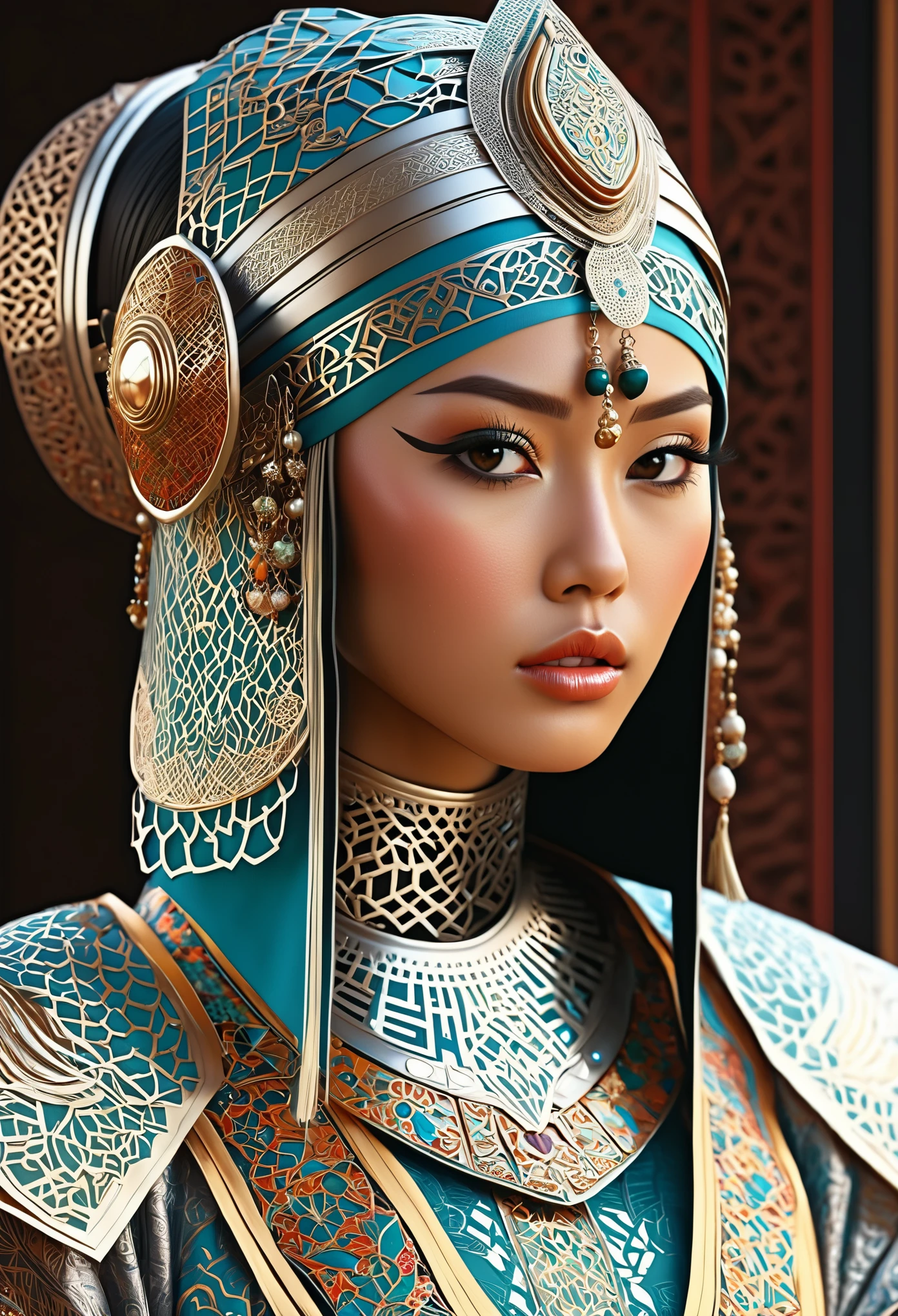 (high quality), (masterpiece), (detailed), 8K, Hyper-realistic digital illustration portrays (Japanese woman1.3) with an exquisite blend of (Moroccan1.2) and (Tunisian1.2) cultural influences. Her (upper body1.2) is adorned with intricate (futuristic armor1.3) and ornate (jewelry1.2), showcasing a fusion of modern and ancient styles. Her (vibrant hair1.2) is styled with a mesmerizing (henna design1.2), and her (piercing eyes1.3) gleam with an otherworldly intensity. In style of Ash Thorp, trending on DeviantArt.