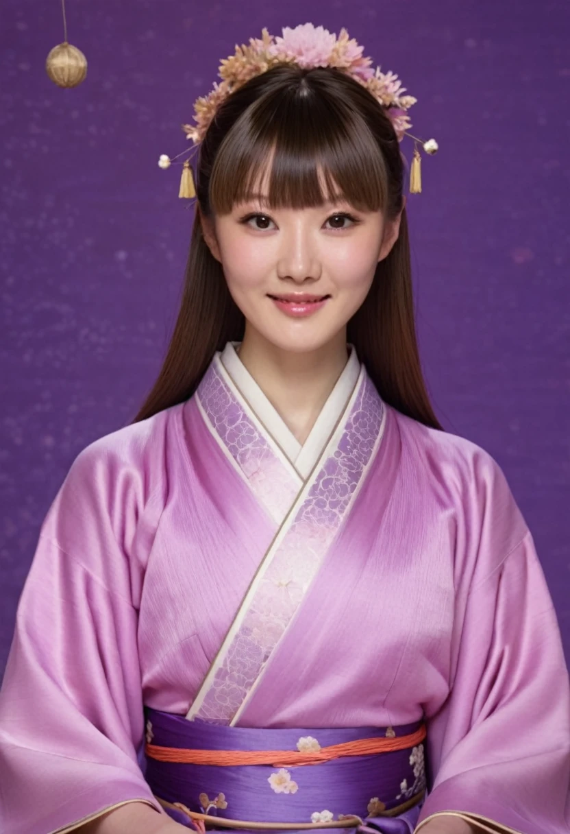 12 Constellations, Fortune telling, purple backdrop, masterpiece, highest quality, Edo Period, 1 female, Gal, elegant, Japanese Style, young woman, Royal 妹, Happy, Light brown hair, Pink Eyes, Light pink lips, Pink clothes, thread-like clothes, intellectual, Full Bang, Flat bangs, Flower Ball, Delicate face,long hair